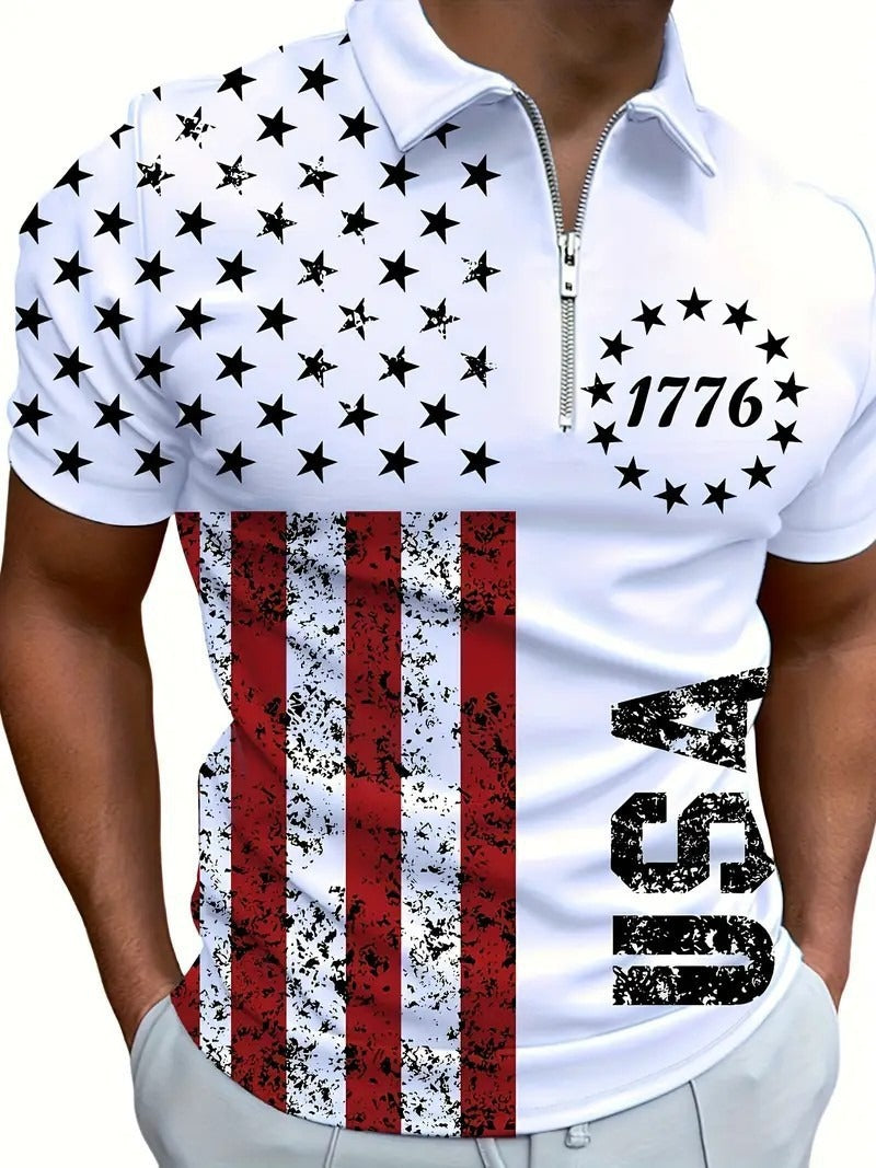 Men's Zip-Up Polo Shirt with vibrant 3D digital print